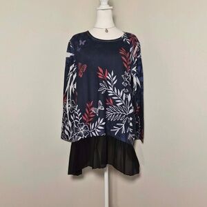 Jess & Jane NWT Arcadia Navy Blue Floral Butterfly Artsy Twee Mesh Layered Shirt